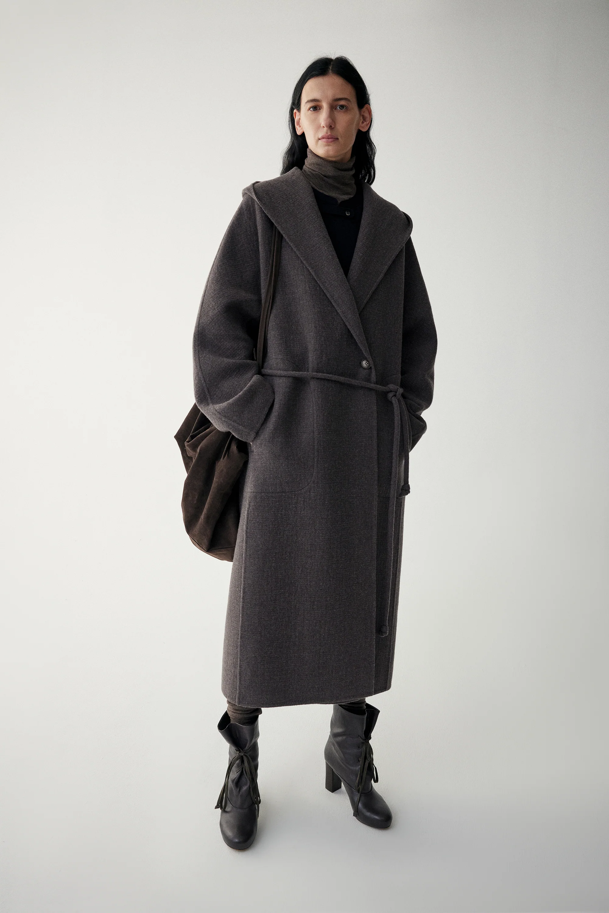 Wool Hooded Long Wrap Coat - Image 12
