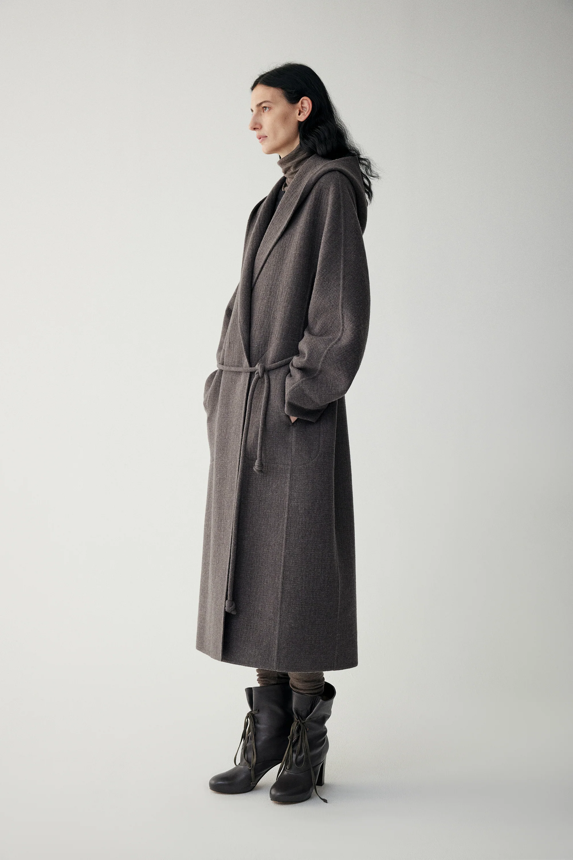 Wool Hooded Long Wrap Coat - Image 13