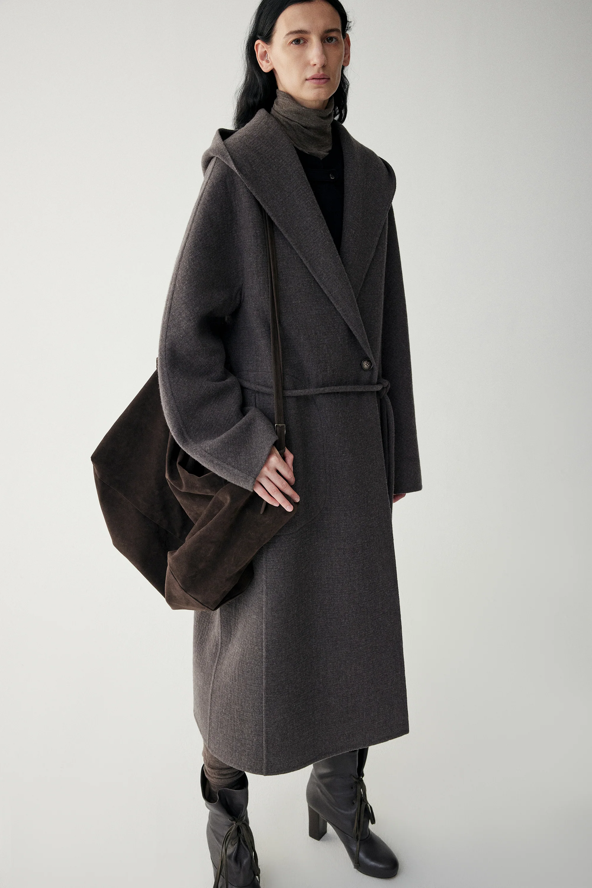 Wool Hooded Long Wrap Coat - Image 15