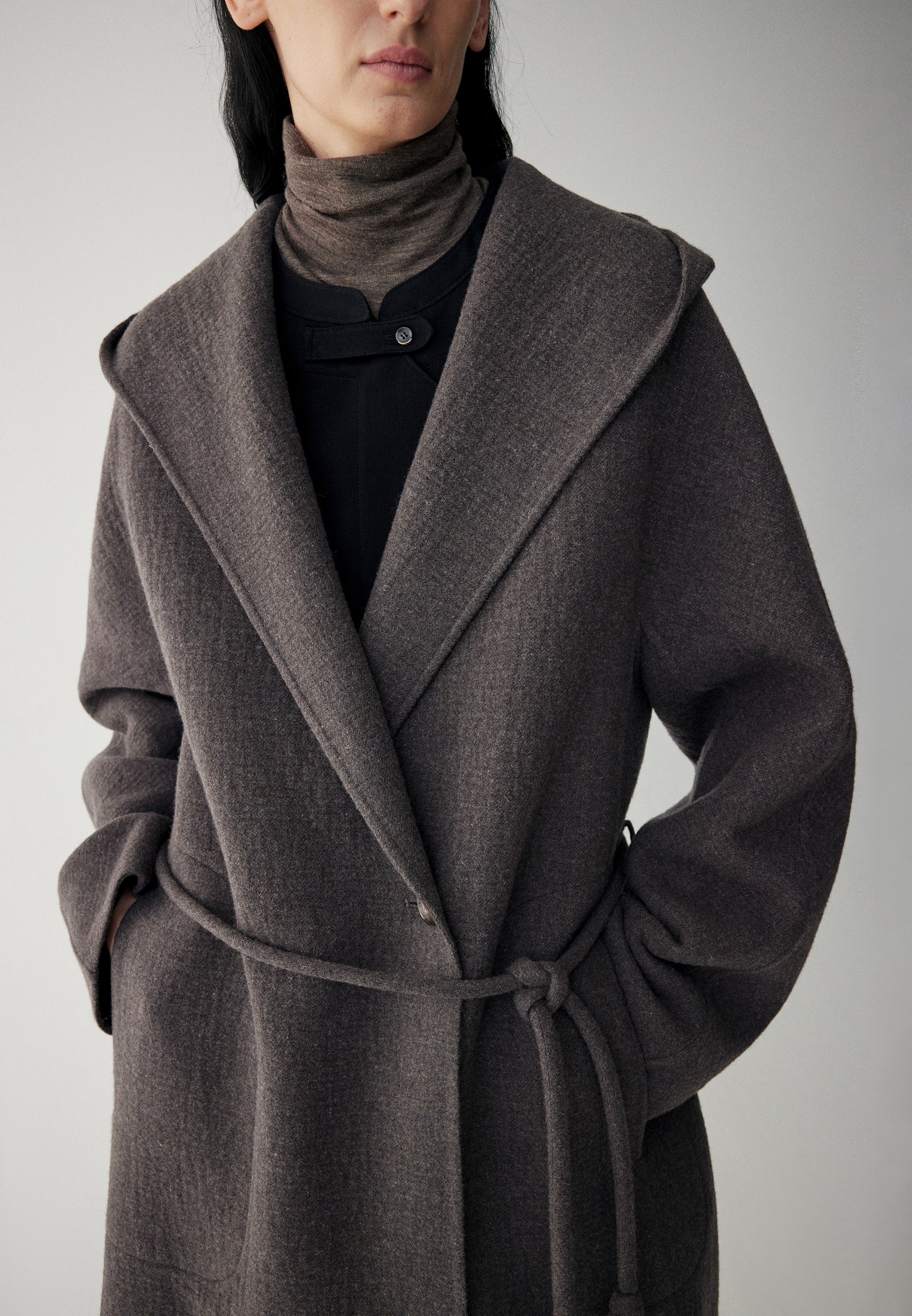 Wool Hooded Long Wrap Coat - Image 19