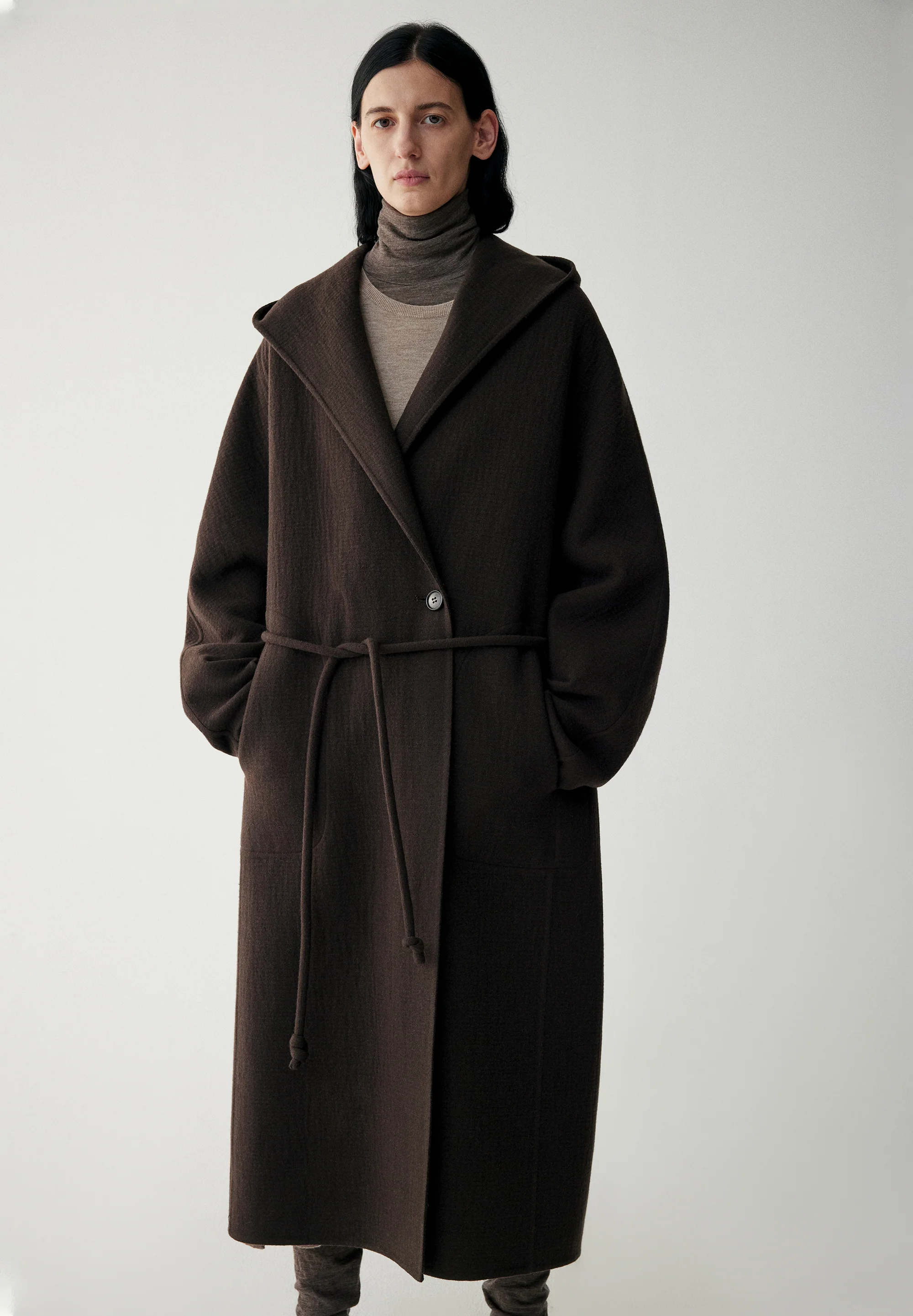 Wool Hooded Long Wrap Coat - Image 5