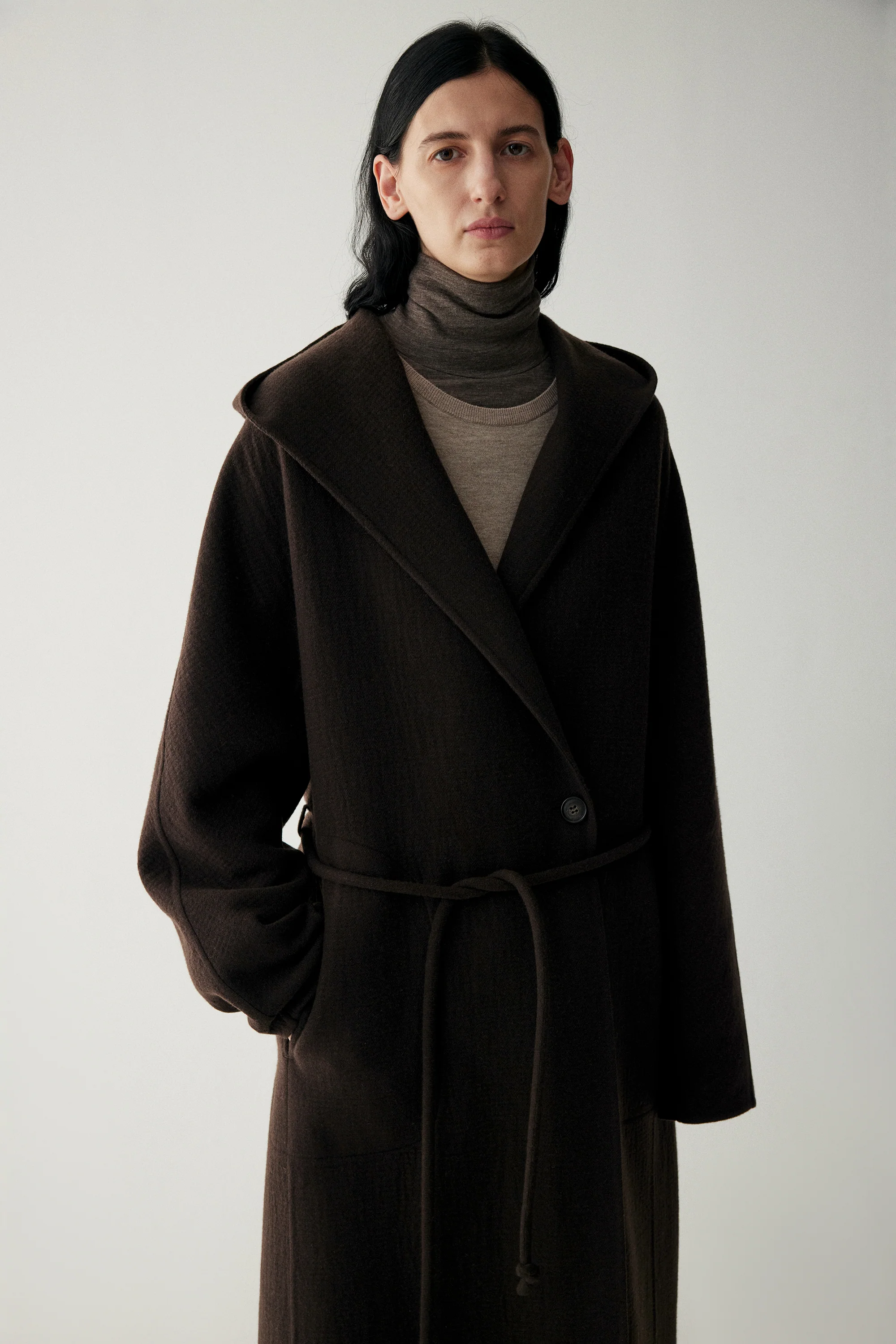 Wool Hooded Long Wrap Coat - Image 6